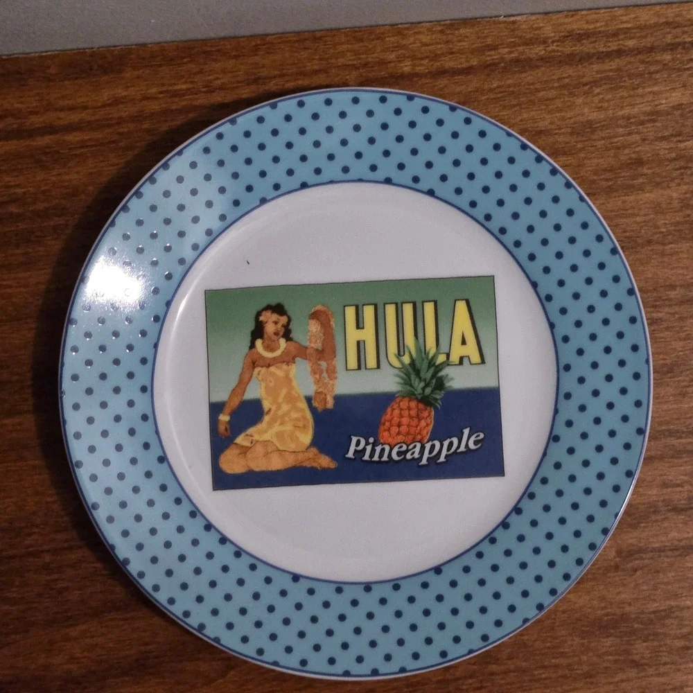 I Godinger & Co Hula Pineapple Salad Plate Blue Polka Dot Retro Tiki 8 Inch